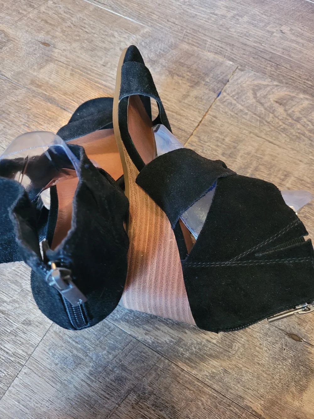 Black Suede Lucky Brand Size 5.5 Back Zip Wood Wedge Twist Slide Sandals Shoes
